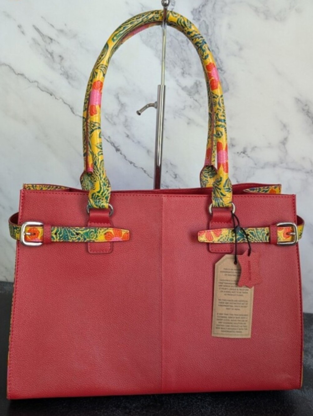 Sukriti Hand Painted, Embossed Leather Tote Bag with Floral Accents